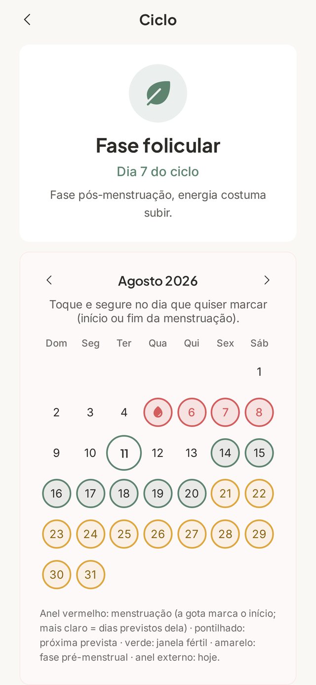 Calendário do ciclo menstrual no Rumo