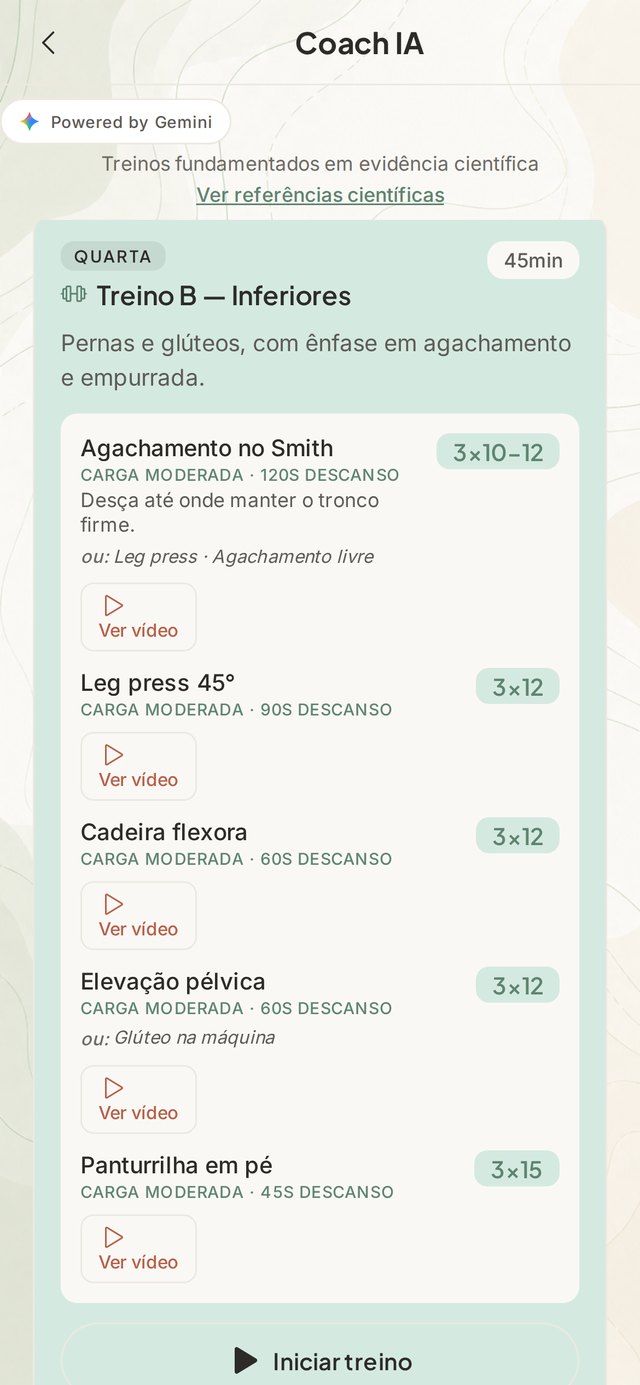 Plano de treino da semana com exercícios, séries e descanso